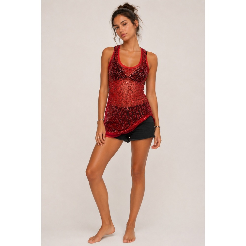 Joyce Leslie Womens Sequin Mesh Tank Top Large Y2K Sheer Glam Red Party Sparkle